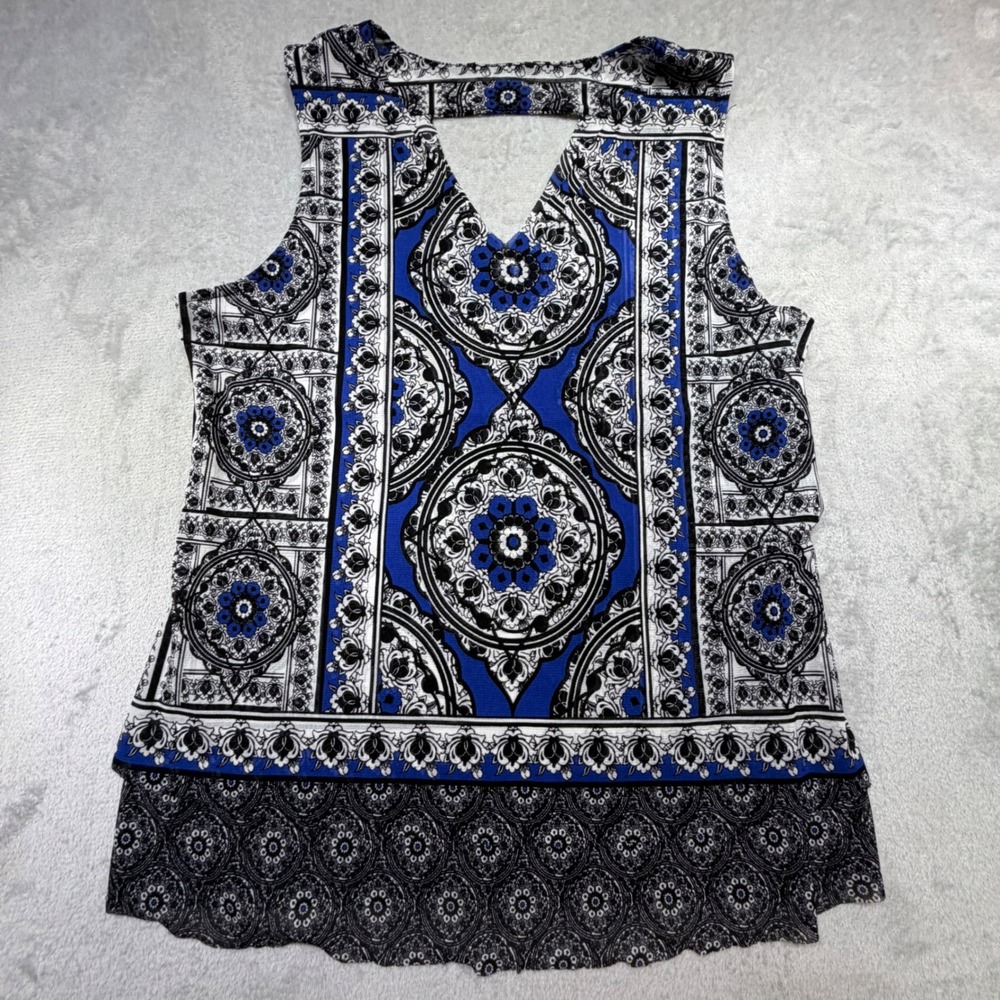 Vintage Blue Black White Mandala Sheer layer V-Neck Tank Top Blouse Size M Fowy